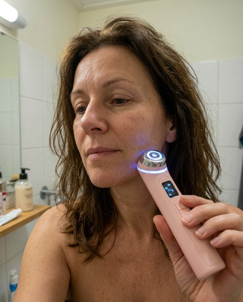 Klant behandelt haar kaaklijn met de GlowBoost V2