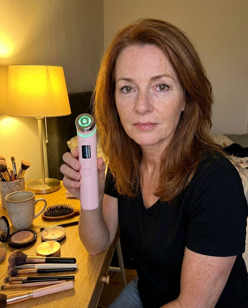 Klant met de GlowBoost V2 aan haar toilettafel