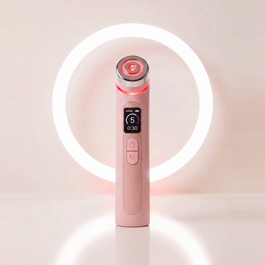 GlowBoost V2 roze 6-in-1 gezichtsapparaat van ElleCera met rode LED-glow