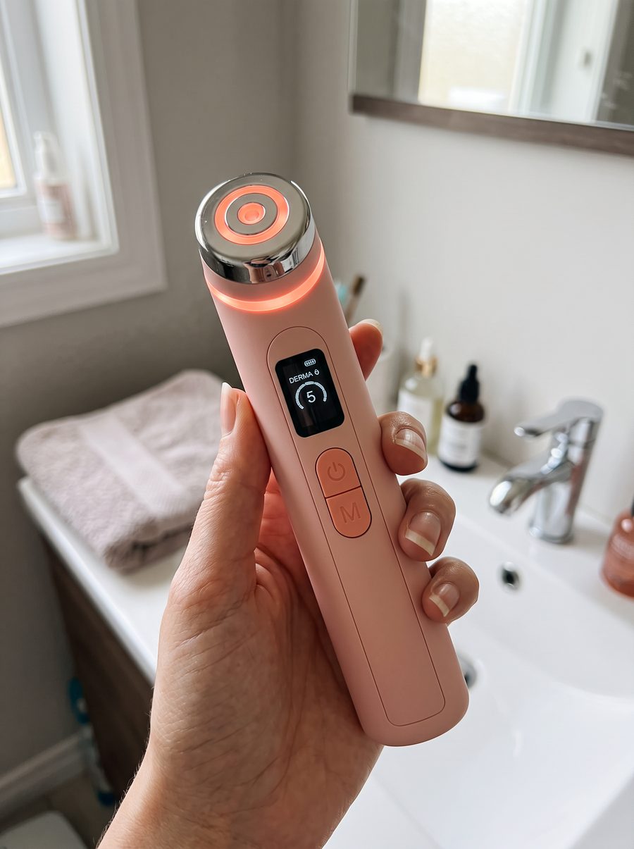 Echte klantfoto: de GlowBoost V2 aan met het display in de hand