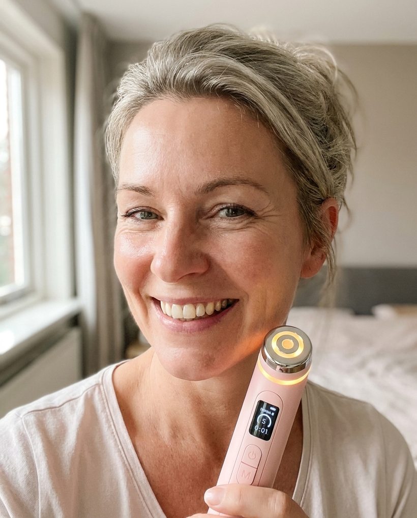 Stralende klant met de GlowBoost V2 langs de kaaklijn